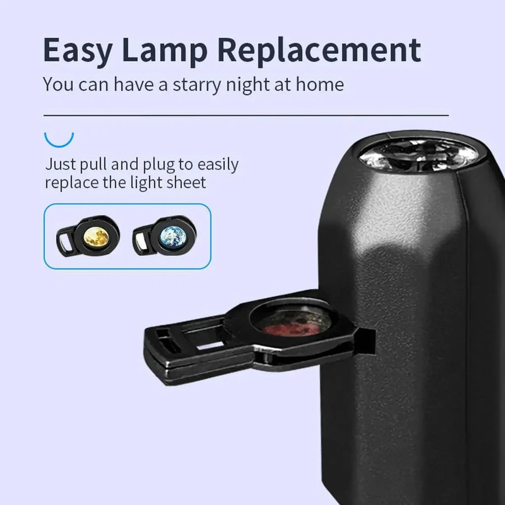 Black projector lamp with easy slide-out light sheet for starry night effect, instructions shown.