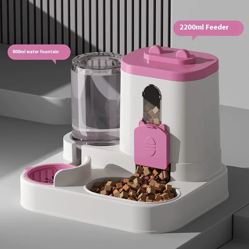1EE 1Automatic Cat Feeder & Water Fountain Set - Food Grade Plastic - for Cats & Dogs - Gravity Feed Design