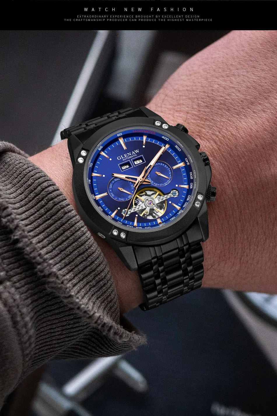 Glenaw high-end brand fully automatic mechanical multi-function watch men's business personality trend waterproof watch