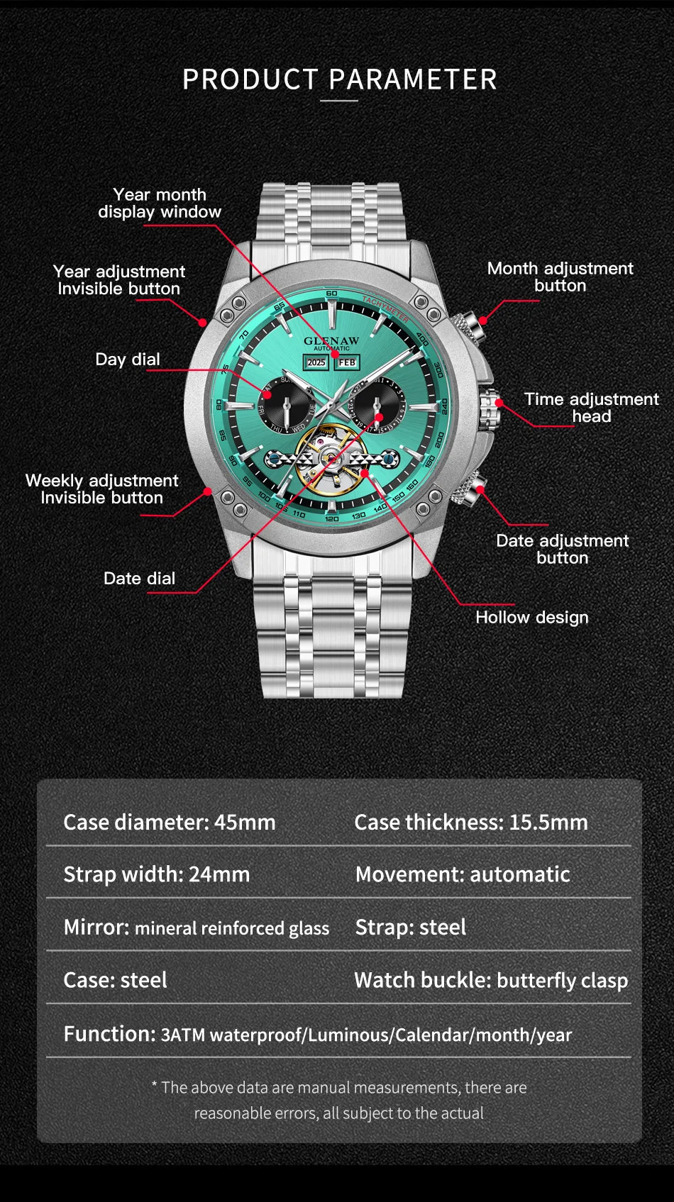 Glenaw high-end brand fully automatic mechanical multi-function watch men's business personality trend waterproof watch