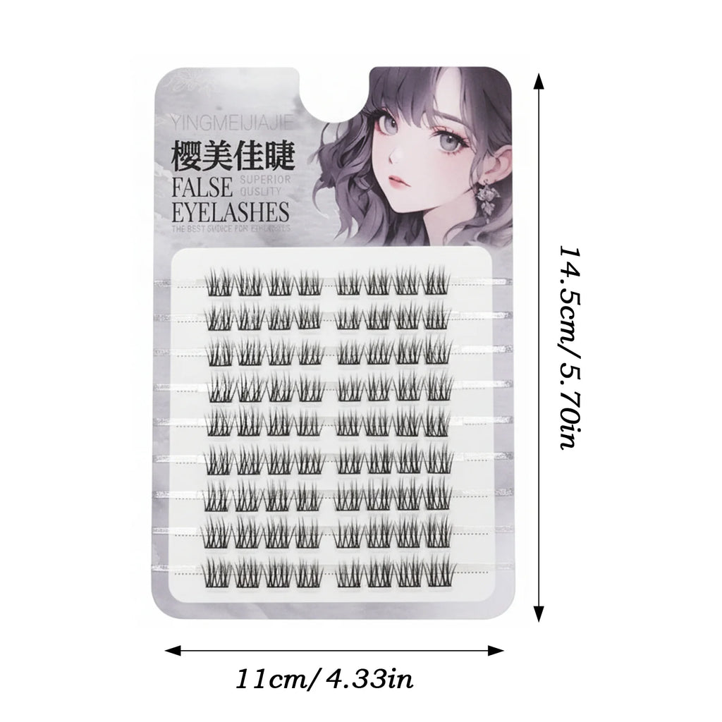 Pack of individual cluster false eyelashes with dimensions, anime girl illustration on packaging.