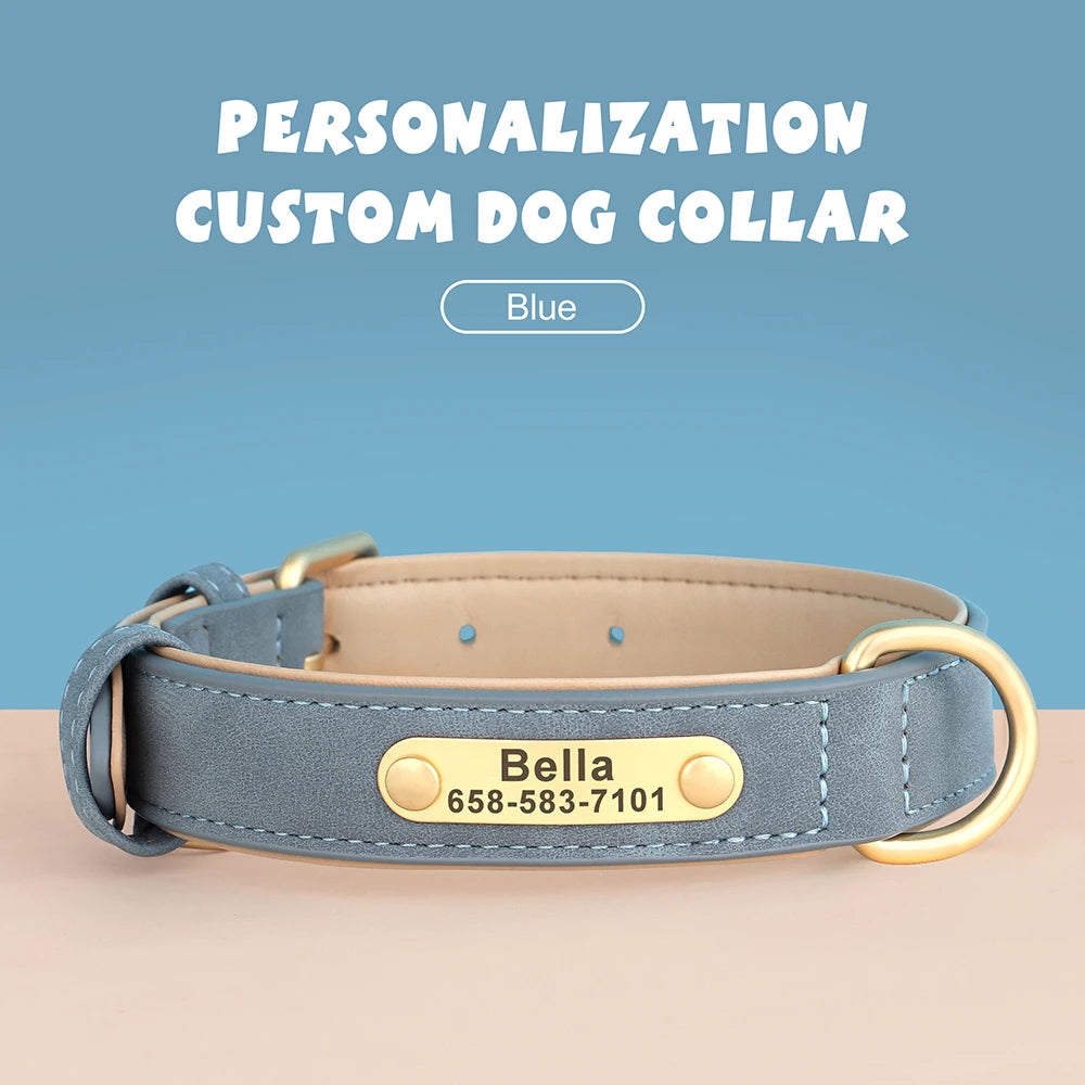 Customized Dog Collar PU Leather Dogs Collars Personalized Pet ID Name Necklace Free Engraving for Small Medium Large Dogs Pug