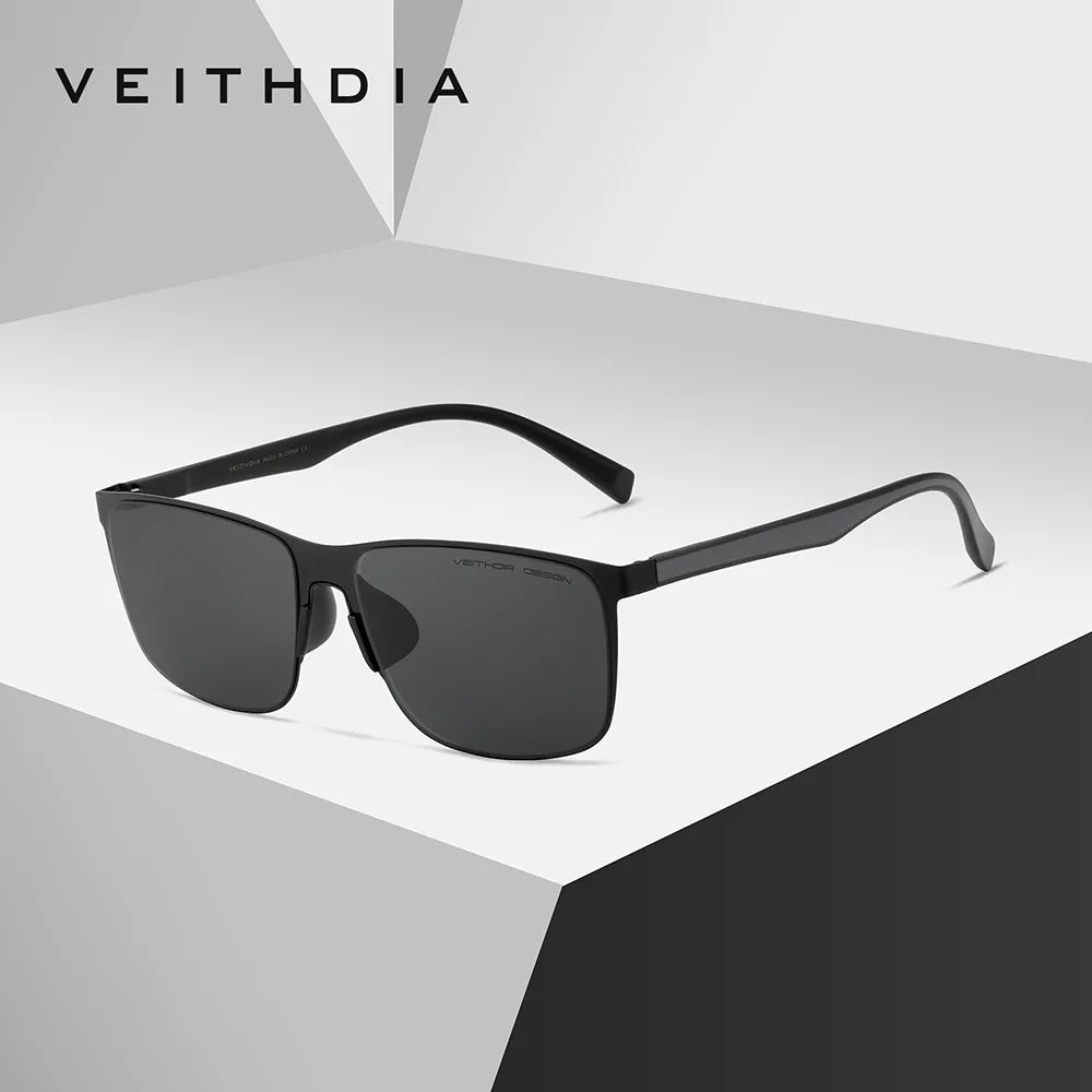 Black rectangular sunglasses with dark lenses on a modern geometric background