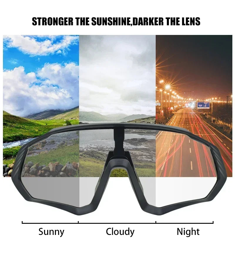 Photochromic cycling sunglasses with adaptive lens for sunny, cloudy, and night conditions