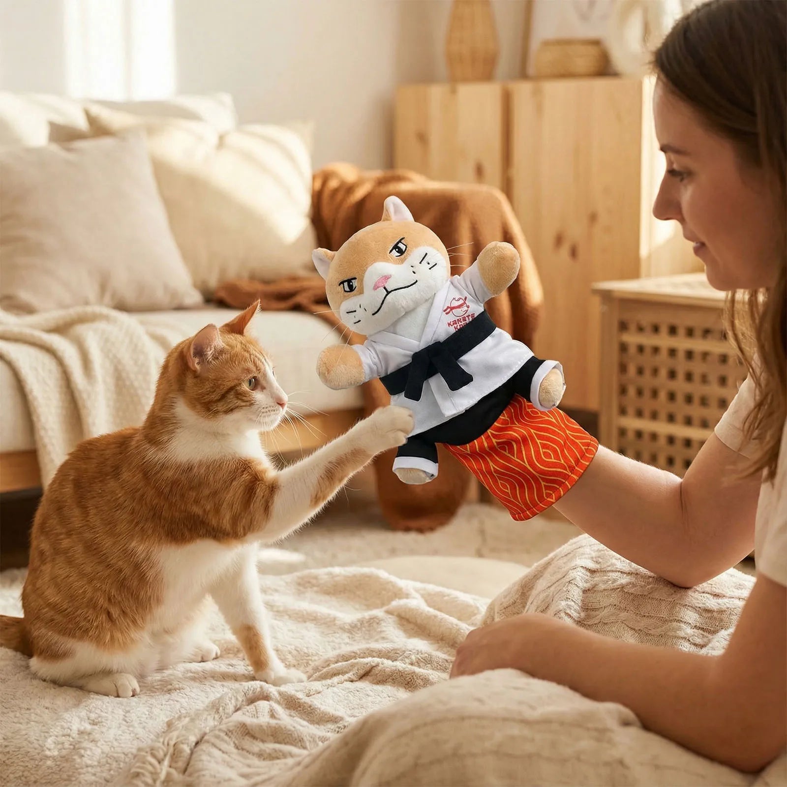 Cat Sumo Wrestler Hand Puppet Toy Interactive Plush Stuffed Animal with Sturdy Padding for Indoor Cats, Kids Pretend Play