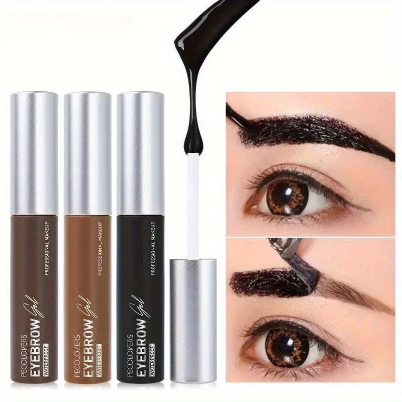 Waterproof eyebrow gel in three shades with applicator and close-ups showing eyebrow application