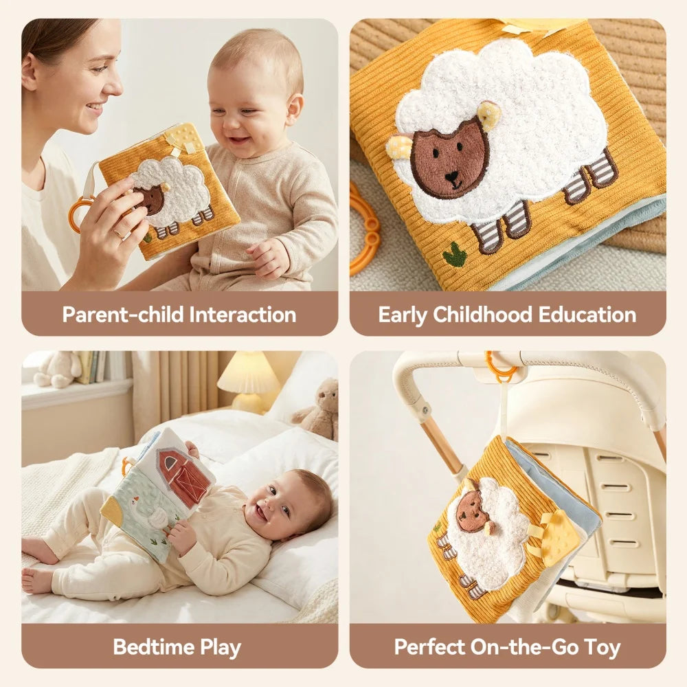 Soft Sensory Farm Animal Baby Books Mobile Toy Newborns Early Educational Fabric Book with Mirror & Sound Paper for Babies 6-12M