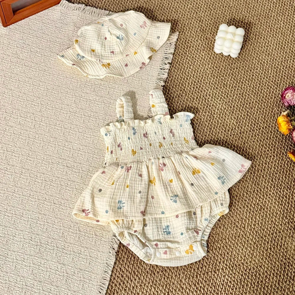 MILANCEL New Summer Baby Bodysuit 3-18M Sweet Bow Infant Girls Straps Jumpsuit +Hat Cotton Thin Toddler One Piece