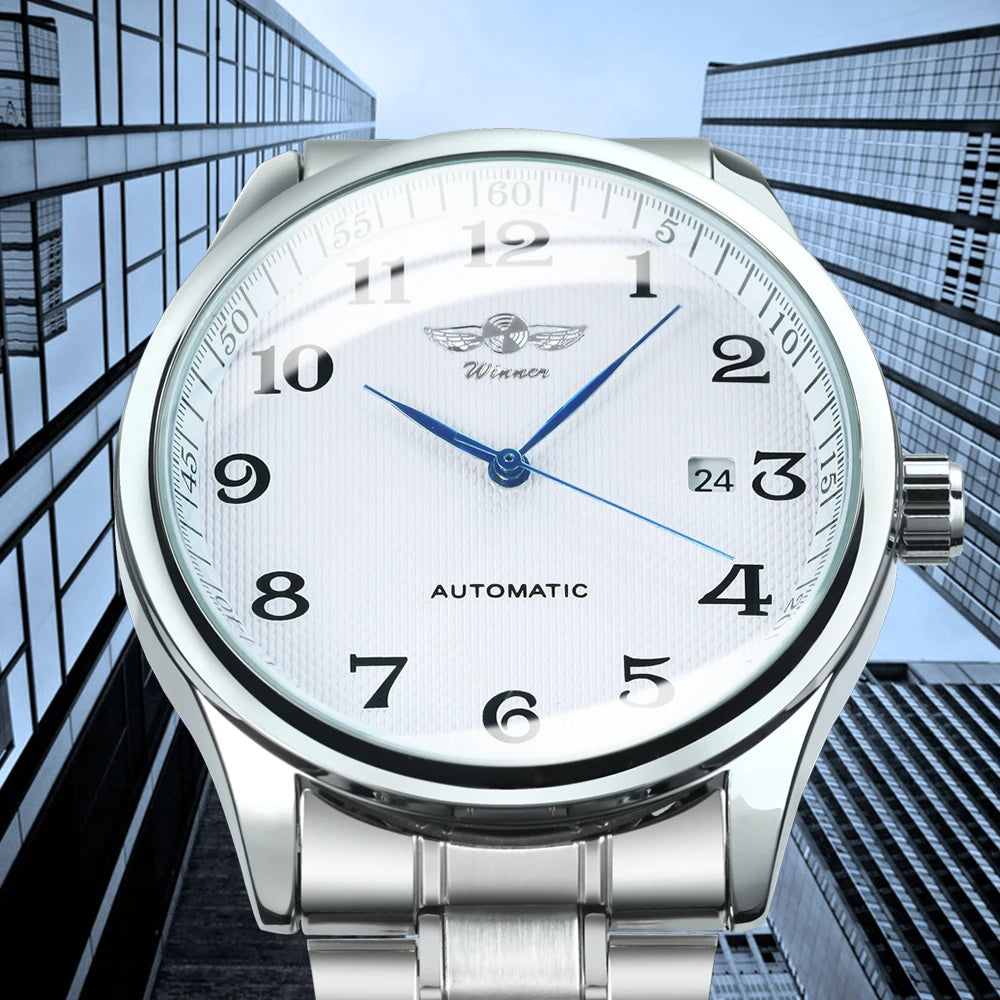Winner Classic Business Watch for Men Retro Calendar Blue Hands Automatic Mechanical Watches Top Brand Luxury Steel Leather Belt