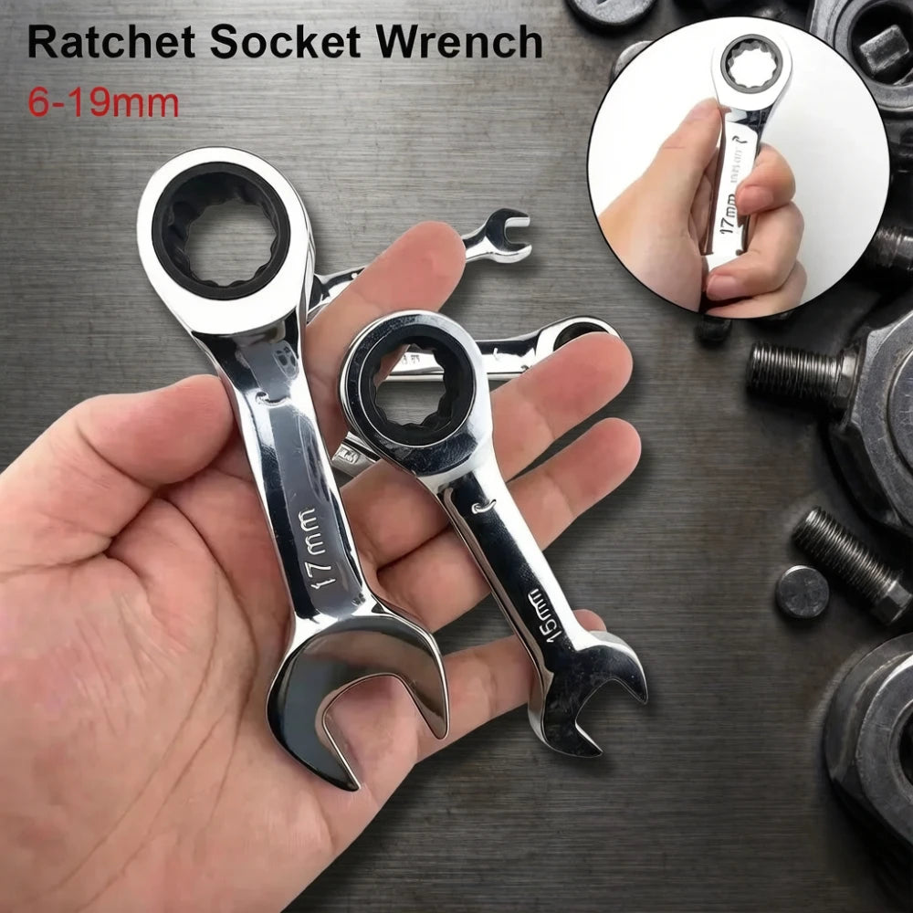 6-19mm Stubby Ratchet Spanner Short Ratchet Wrench Car Repair Hand Tools 72 Tooth Design Short Handle Dual-purpose Wrench Tool