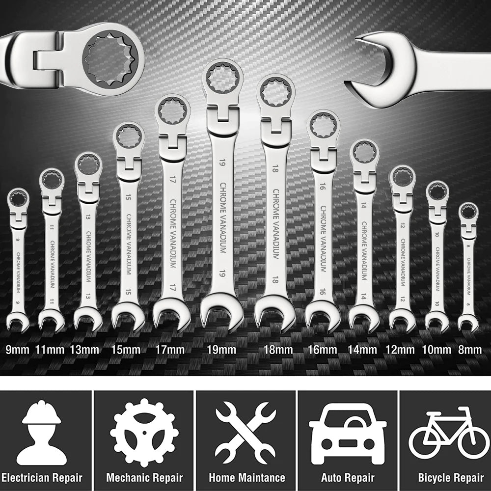 Ratcheting Wrench Set Metric and Standard 12-Point Box End Combination Spanner Gear Wrench Garage Tool Set,CR-V Full Polished