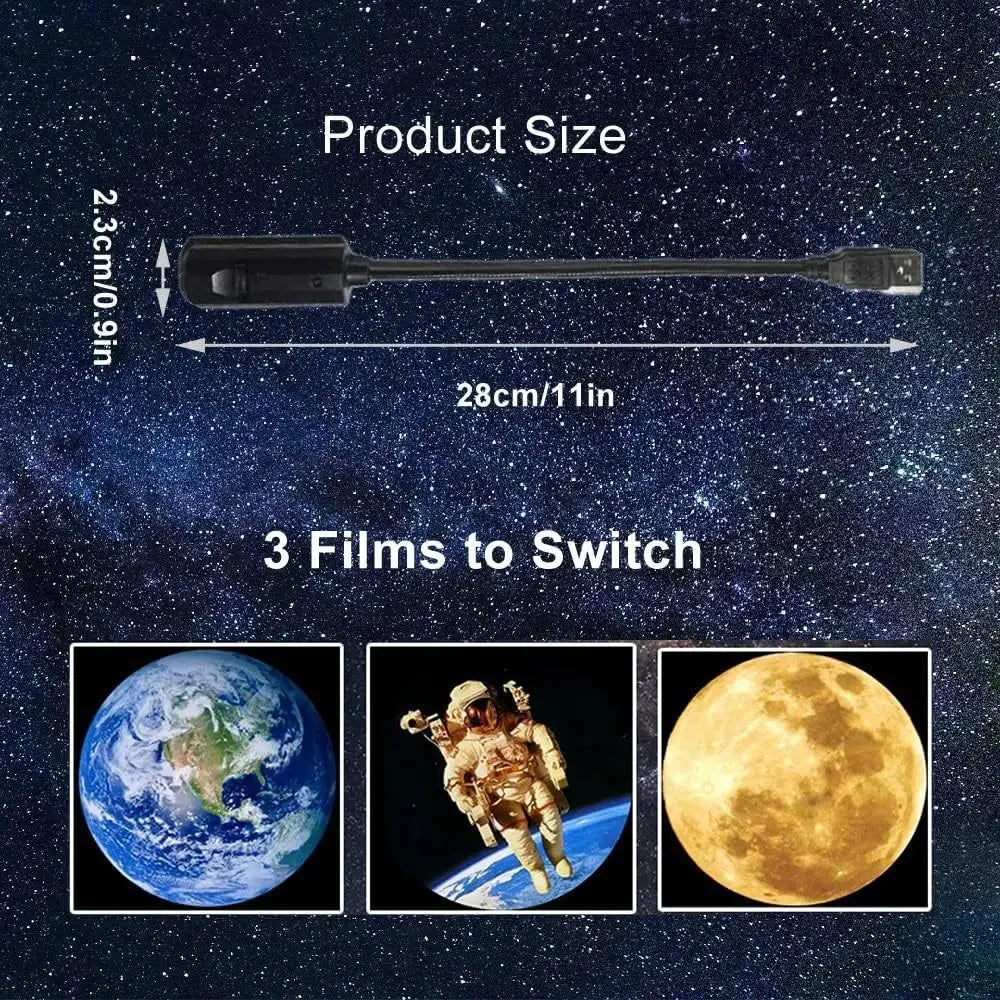 Flexible USB projector with three space-themed films: Earth, astronaut, and moon.