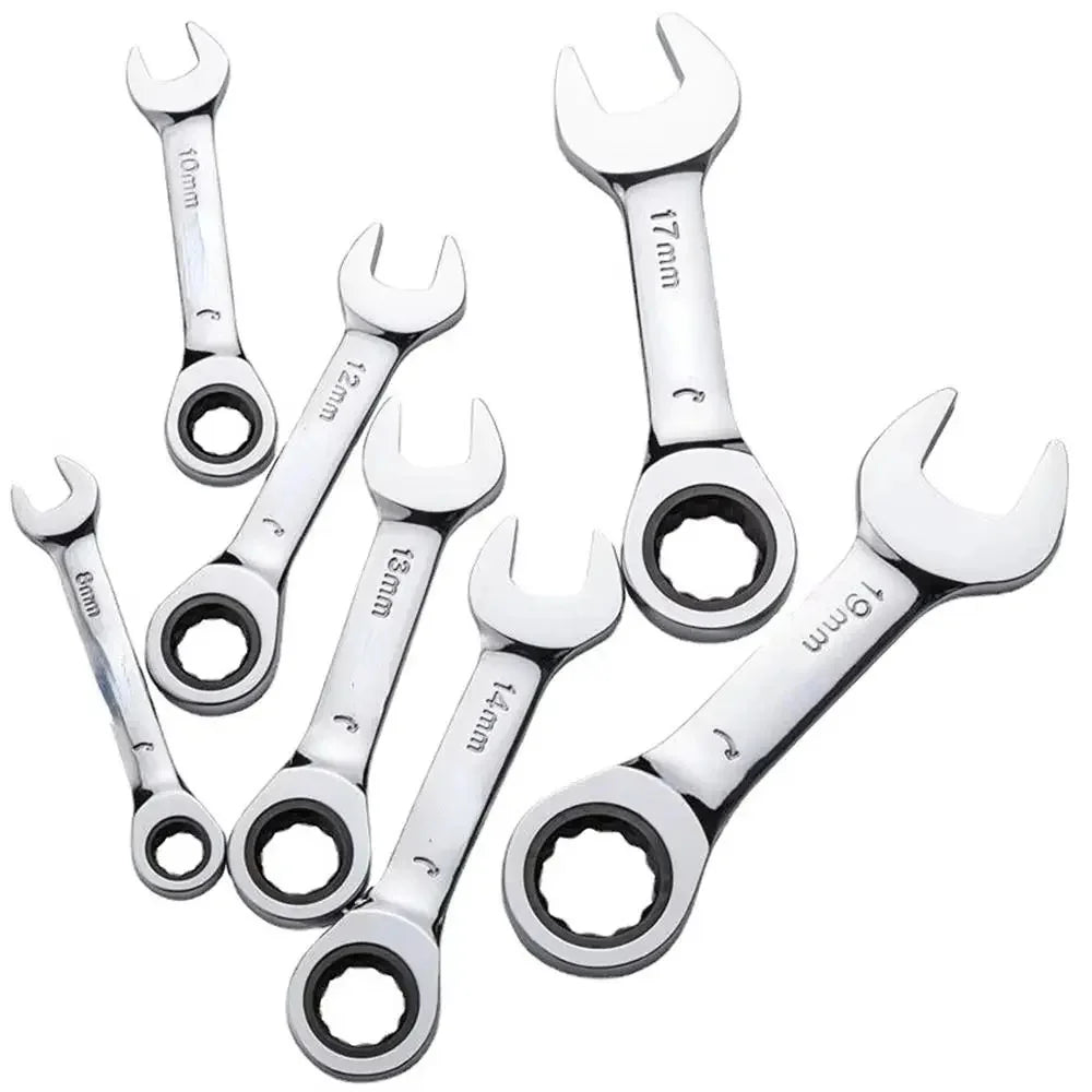 6-19mm Stubby Ratchet Spanner Short Ratchet Wrench Car Repair Hand Tools 72 Tooth Design Short Handle Dual-purpose Wrench Tool