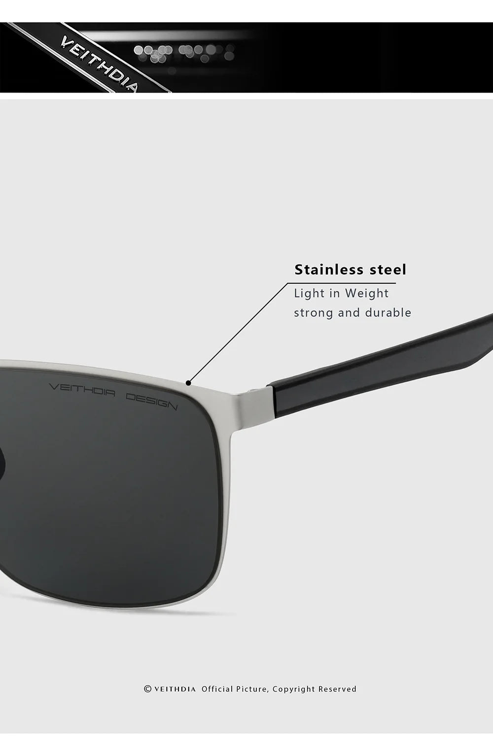 Stainless steel sunglasses with black lenses and lightweight, durable frame design