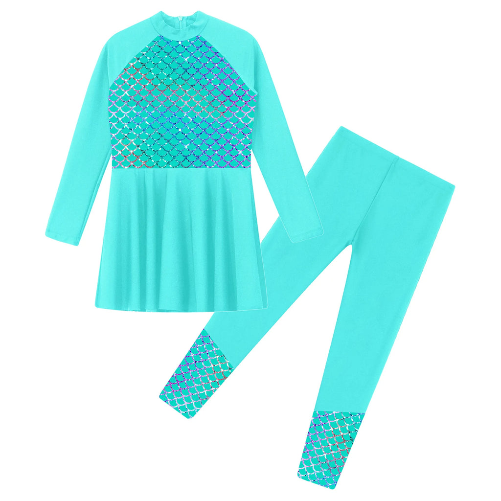 Girls Swimsuits 2 Piece Rash Guard Set UPF 50 Sun Protection Long Sleeve Swim Dress with Leggings Kids Full Body Cover Beachwear