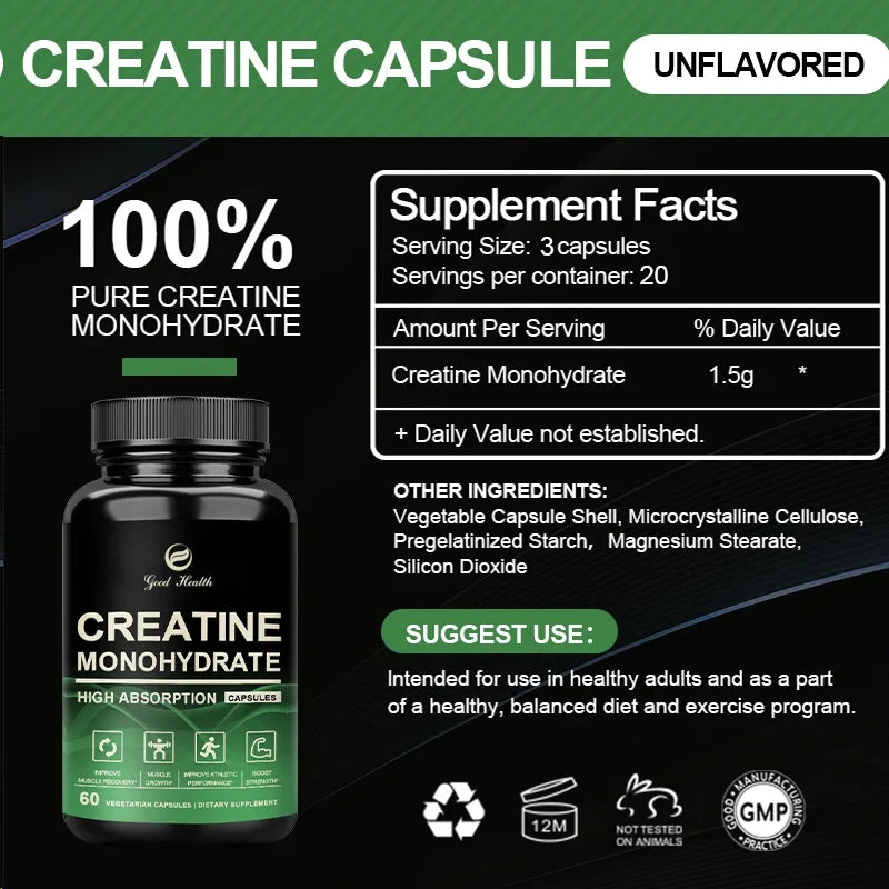 Creatine Monohydrate Capsules For Enhance Muscle Mass Strength & Performance Improvement Workout Recovery Mass Gainer