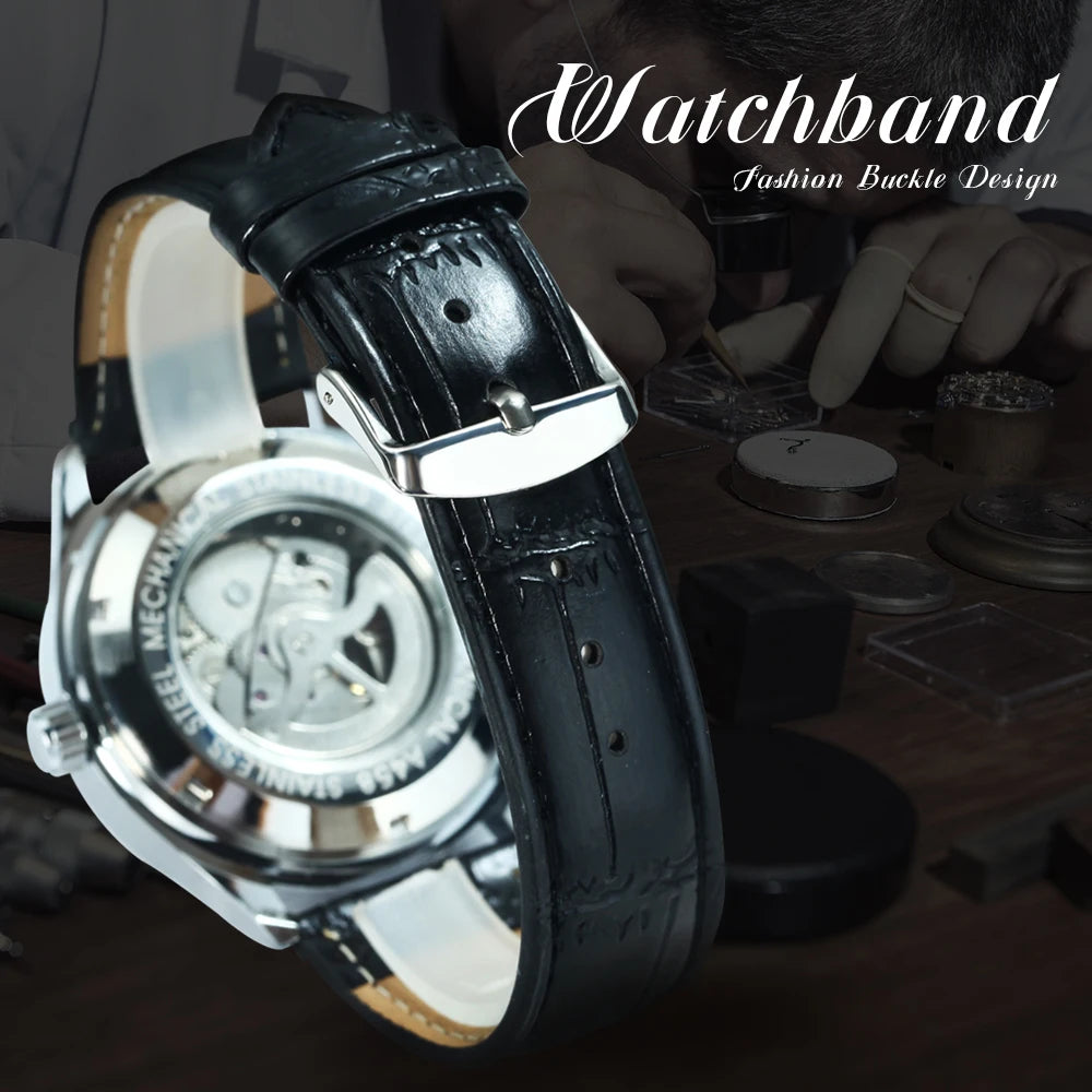 Winner Classic Business Watch for Men Retro Calendar Blue Hands Automatic Mechanical Watches Top Brand Luxury Steel Leather Belt