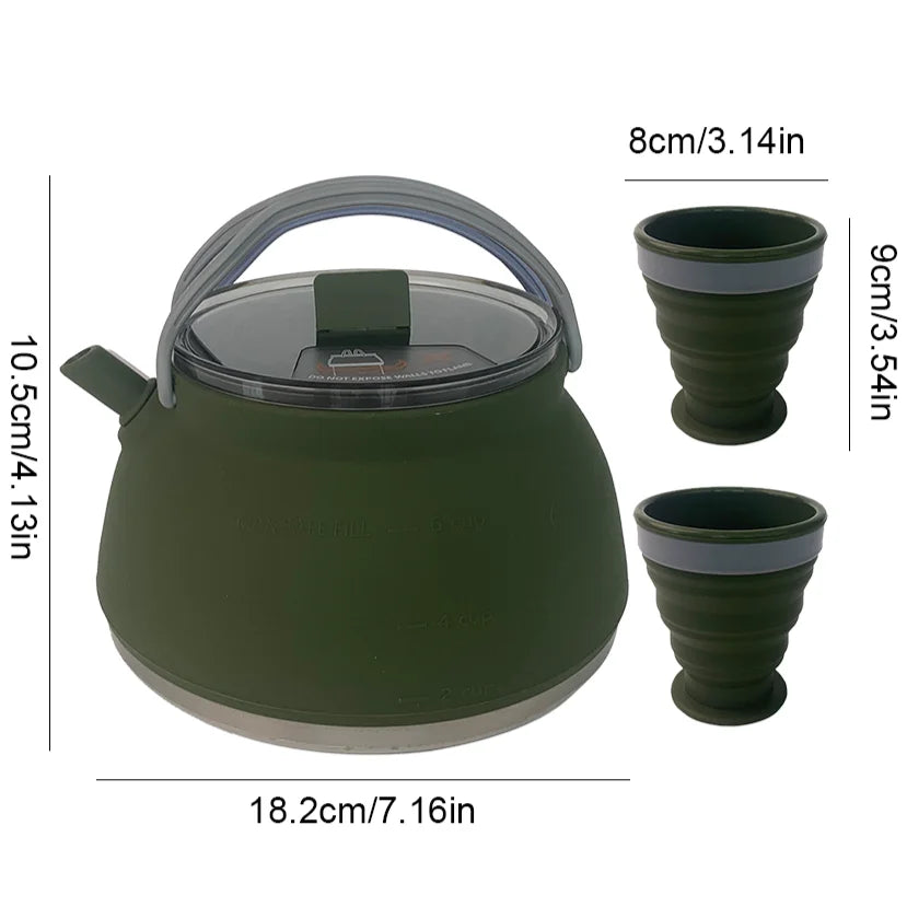1.5L Silicone Kettle with Handle 1L Camping Cook Pot Stainless Steel Bottom Collapsible Water Cup/Bowl for Camping Backpacking