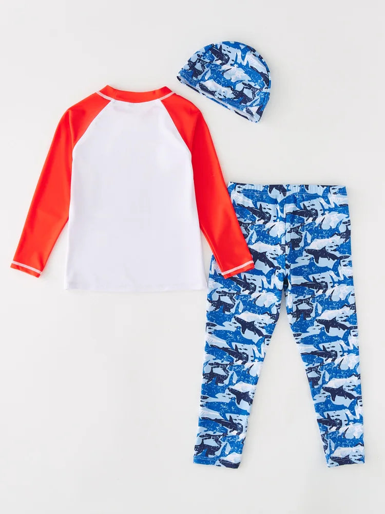 Children's Swimsuit Orange Long Sleeve Rash Guard Kids UPF50 UV Protection Boy's Beach Clothes Shark Swimming Bathing Suit Kids
