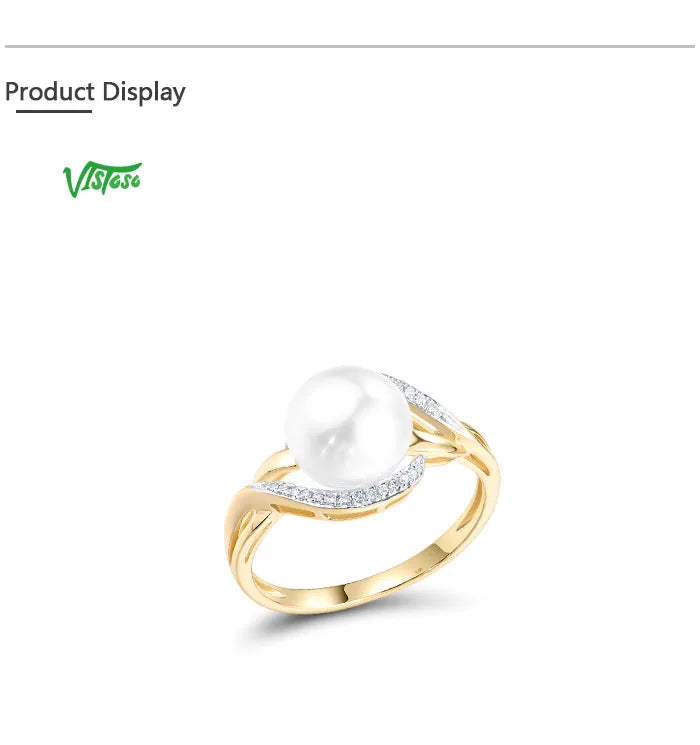 VISTOSO Genuine 14K 585 Yellow Gold Ring For Women Sparkling Diamonds Fresh Water Pearl Delicate Party Fashion Fine Jewelry