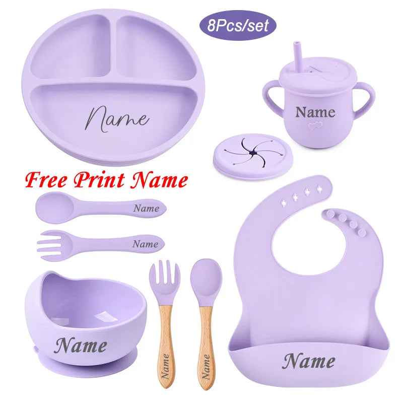 Personalized Logo Name Baby Silicone Dishes Feeding Set Suction Cup Bowl Tableware Kids Bowl Spoon Fork Bib Feeding Set BPA Free
