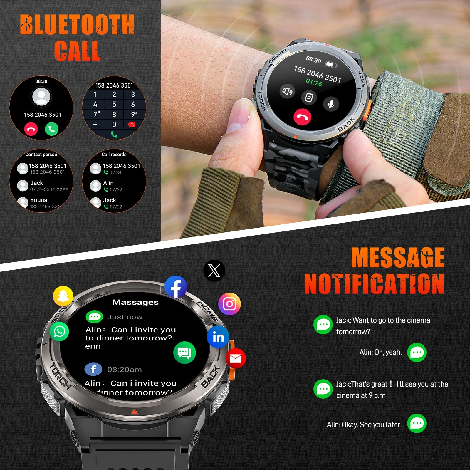 EIGIIS Smart Watch KE5 2024 3ATM Waterproof Original Design Sports Watch With Compass And Altitude Barometer LED Flashlight Call