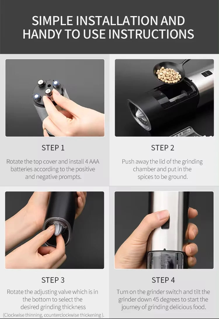 1PC/2PCS Electric Automatic Pepper Grinder Set Salt And Pepper Mill Adjustable Coarseness Spice Grinder for Kitchen
