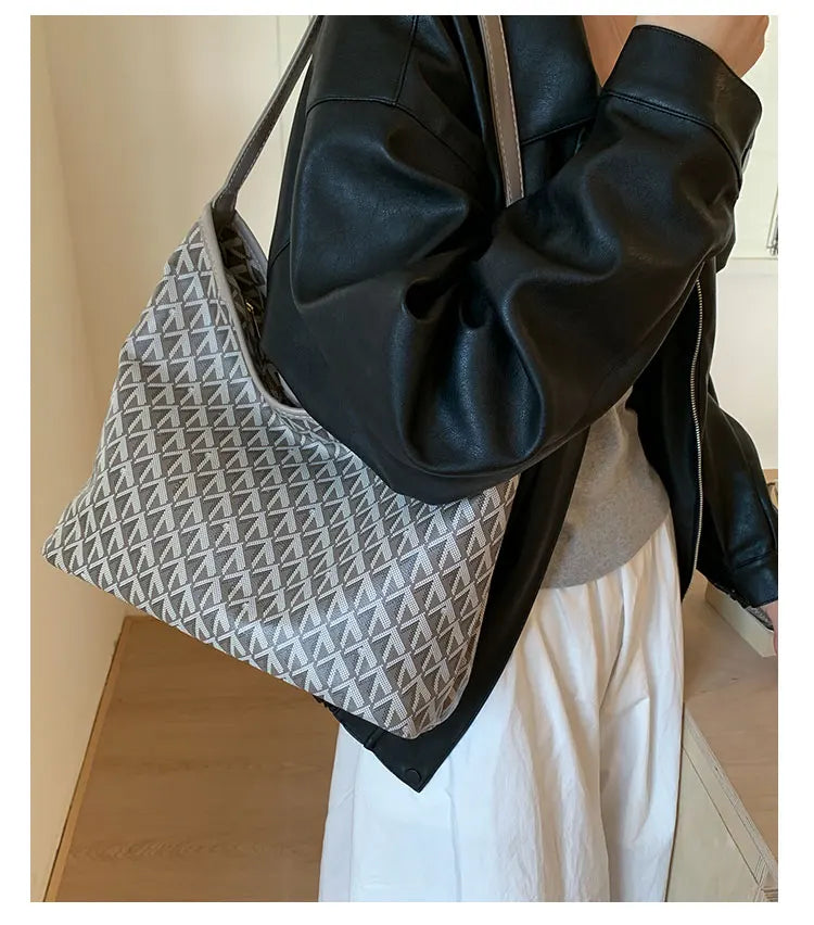 Large Capacity Women's Shoulder Bag Fashionable Commuter Tote Bag Soft PU Leather Printed Geometric Pattern Autumn New Arrival