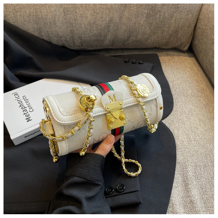 Fashionable Retro Summer Women's Chain Crossbody Bag Trendy Cylinder Bag Soft PU Leather Casual Style Small Size Korean Style