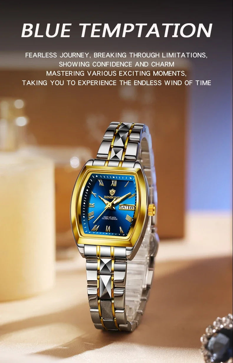 BINBOND 2pcs Couple Watches Fashion Square Quartz Watch for Lover Wateproof Luminous Date Week Men Ladies Valentine Wristwatch