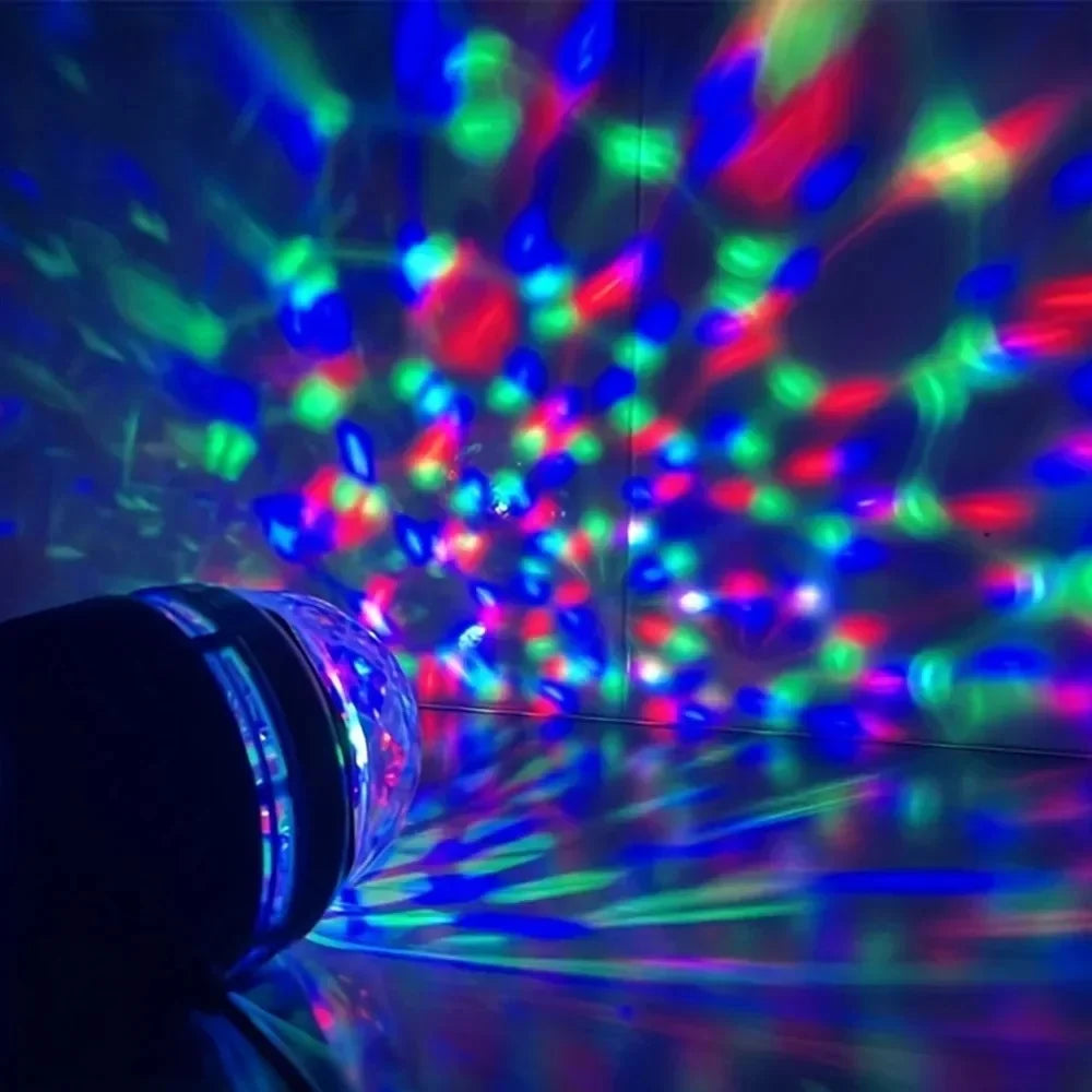 LED disco light projector casting colorful red, green, and blue patterns on a wall