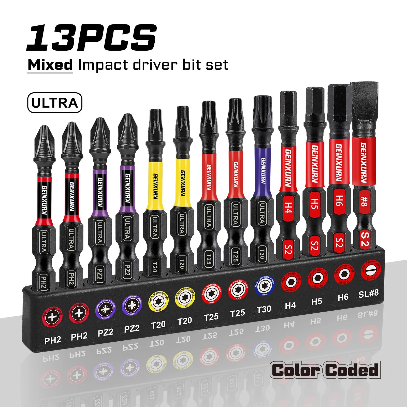 Geinxurn Impact Phillipes/Square/Slotted/Hex Screwdriver Bits Set,1''/2'' Magnetic S2 Steel Bits Set with Color Coded Base