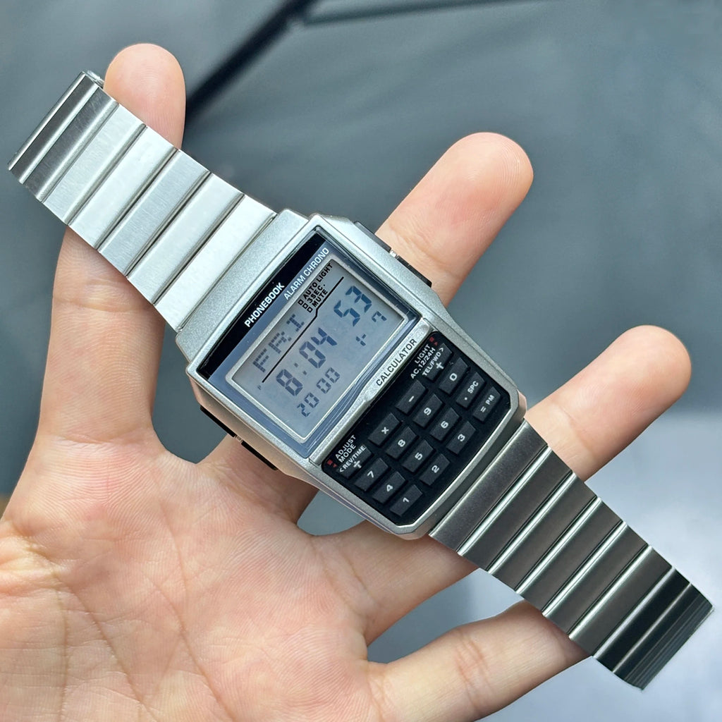 Top Luxury Stainless Steel Men's Watch Dual Time Zone Sports Calculator Watch Men's Digital Watch Timer Casual Phonebook Watch