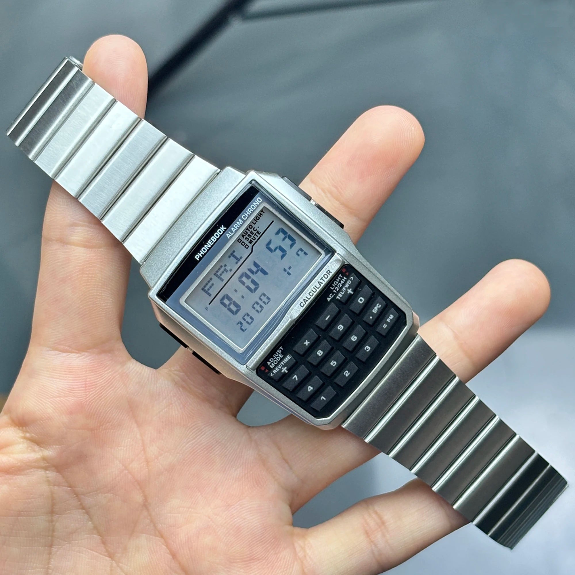 Top Luxury Stainless Steel Men's Watch Dual Time Zone Sports Calculator Watch Men's Digital Watch Timer Casual Phonebook Watch