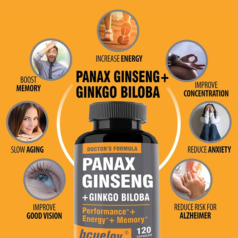 Ginseng + Ginkgo Biloba Supplement, Boosts Energy Focus, Supports Cognitive Athletic Performance & Heart Health, 120 Caps