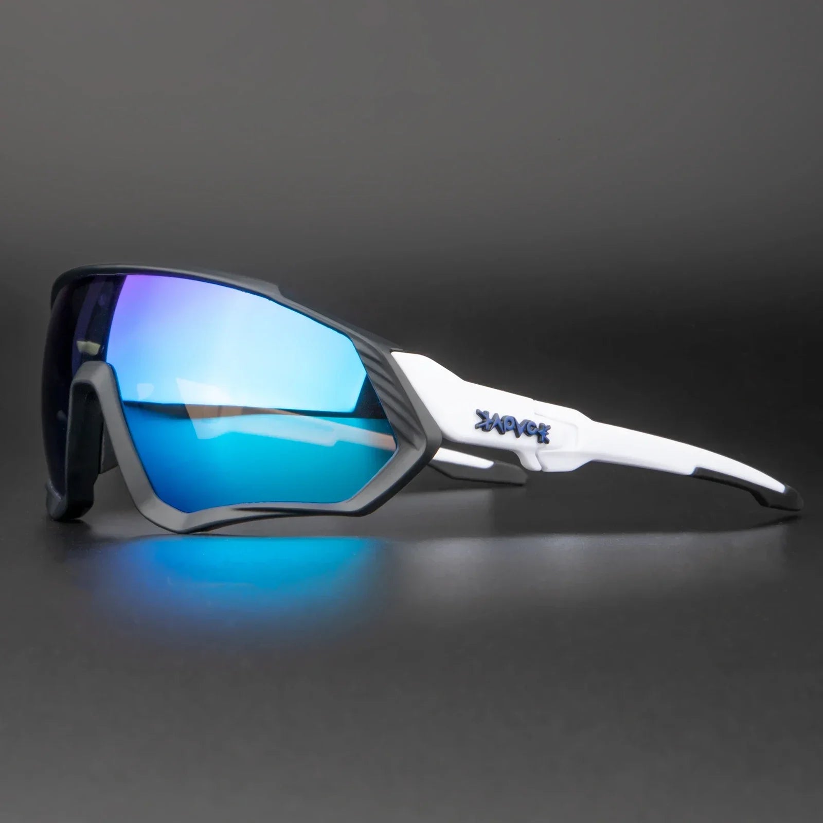 Sport sunglasses with white frame and blue mirrored lenses on dark background
