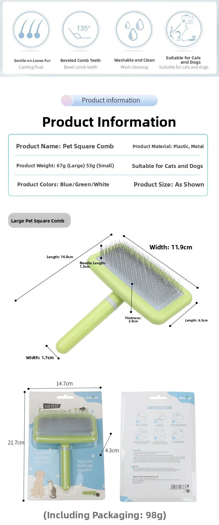 Pet Grooming Comb Dog And Cat Brush for Beauty And Thickening Hair Plastic Pet Supplies Universal for All Pets