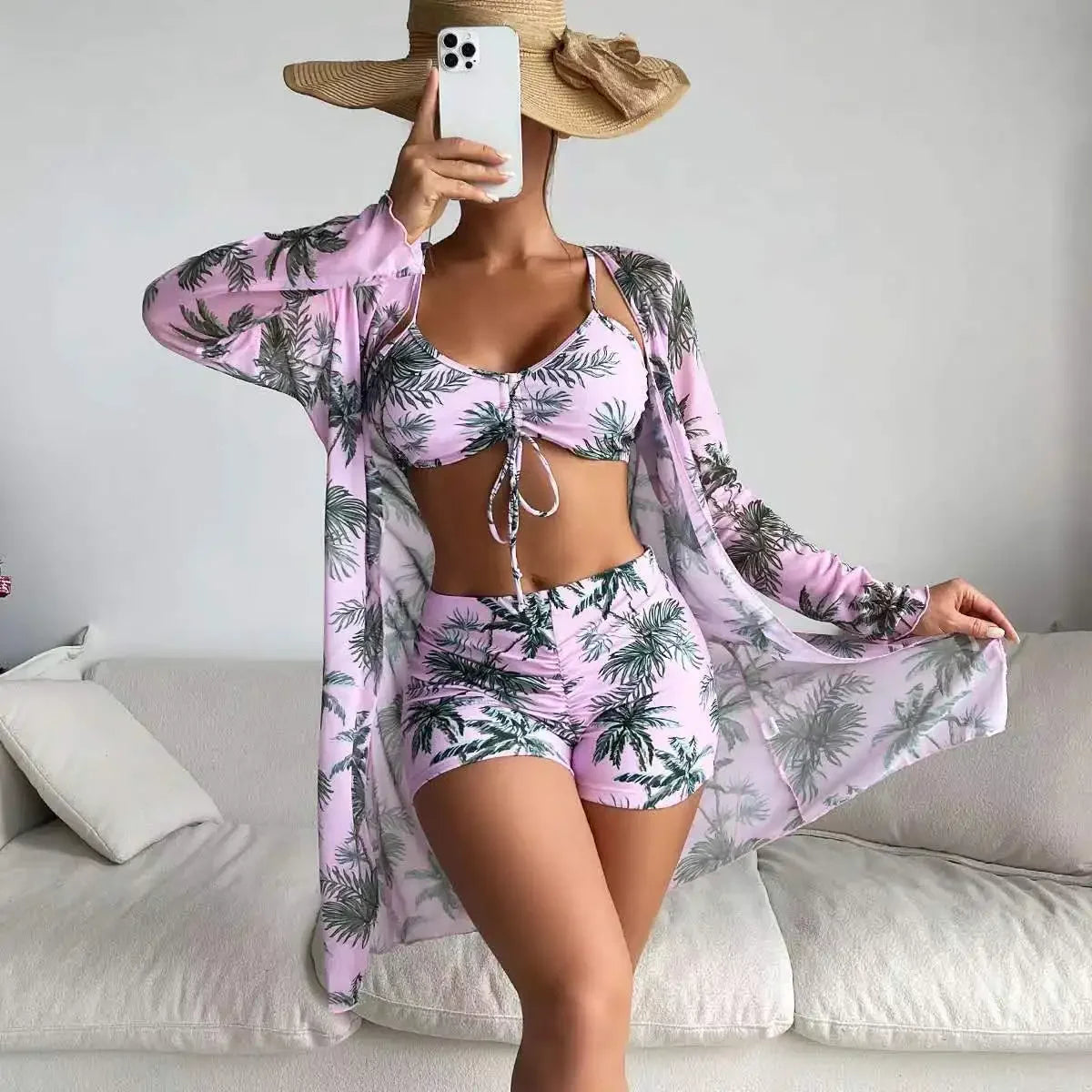 Mingyi New Multi-Color Mesh Cover up Sexy Leg Lengthening Swimsuit Top Bottoms Three-Piece Set Women's Swimwear