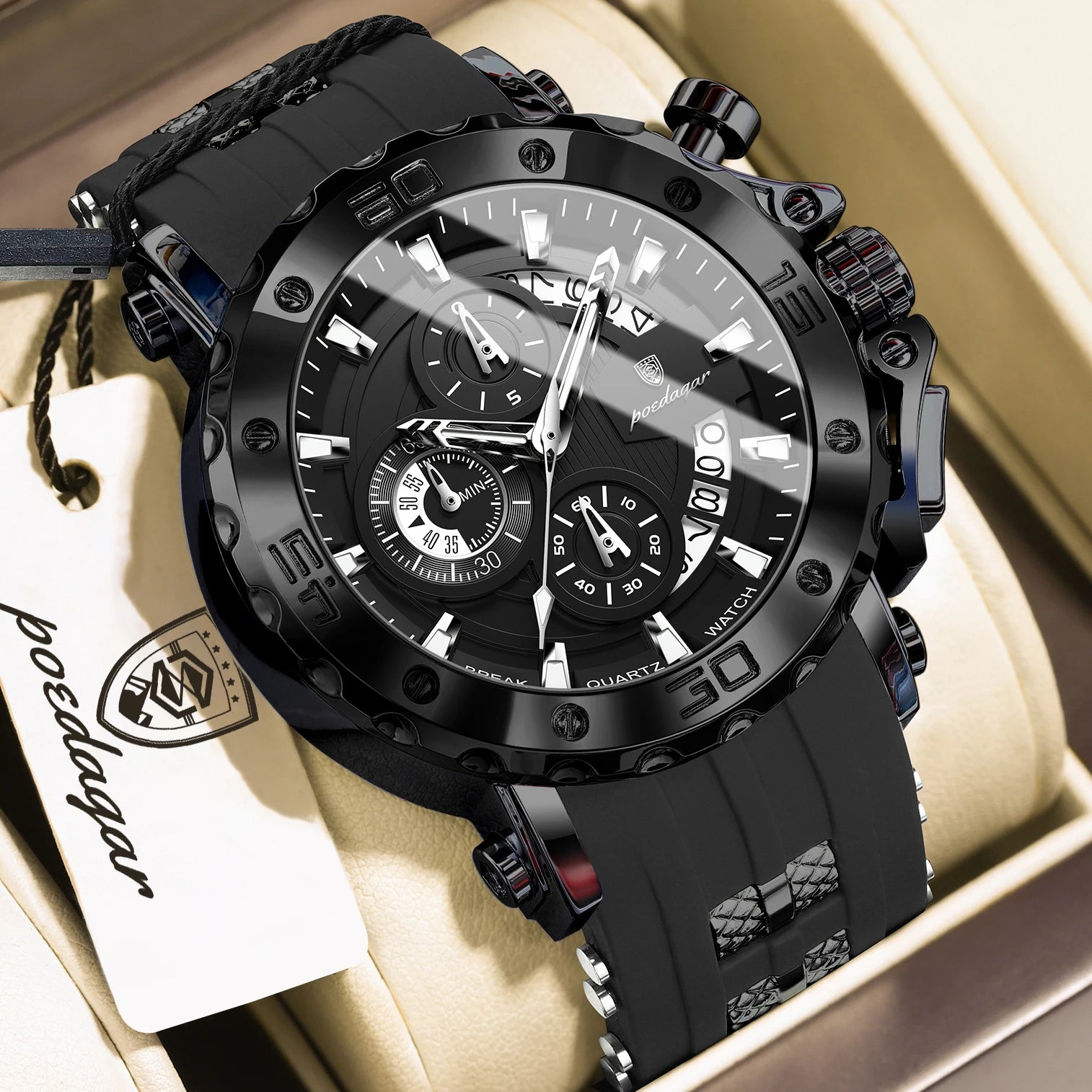 POEDAGAR Original Luxury Man Watch Chronograph Waterproof Luminous Sports Men Clock Calendar Silicone Strap Quartz Men's Watches