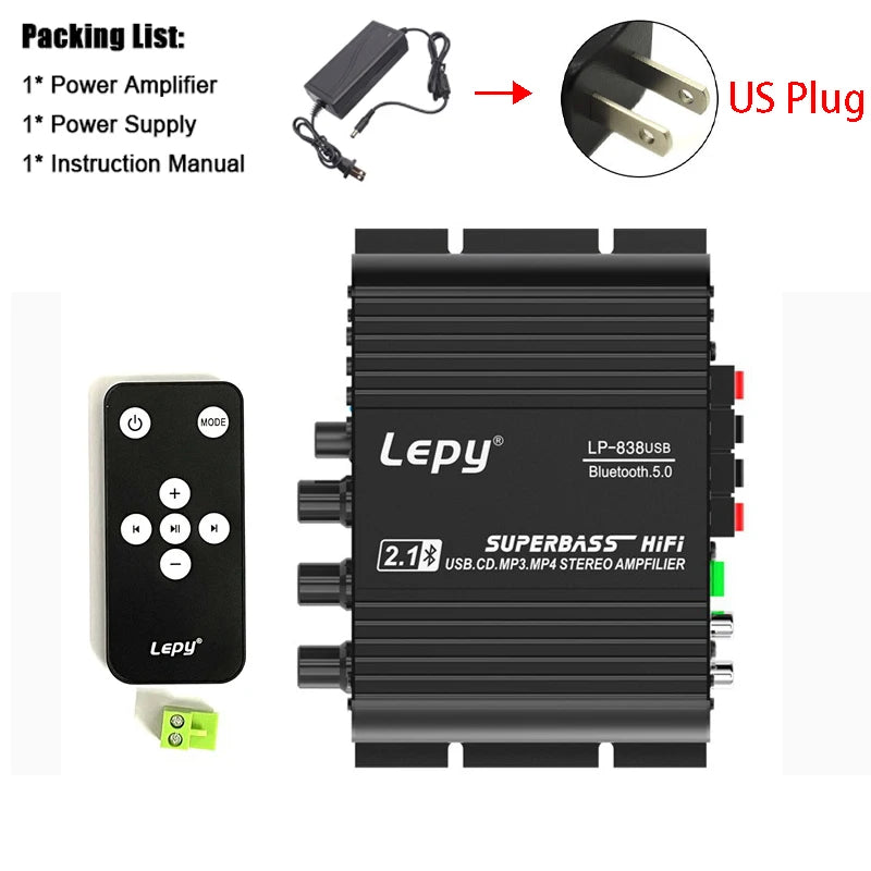 LP-838USB 2.1Channel Amplifier 12V Car Home Amp USB BT Lossless Music Play Digital Audio Amplificador with Remote Control HiFi