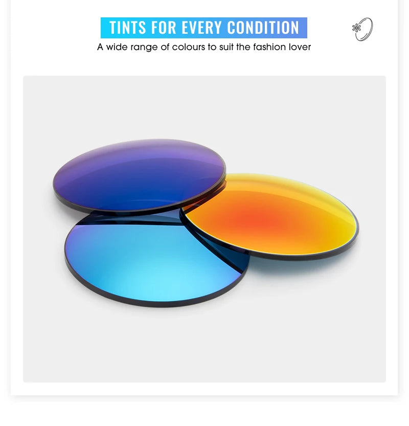 Three tinted sunglass lenses in blue, purple, and orange gradient colors displayed on white background