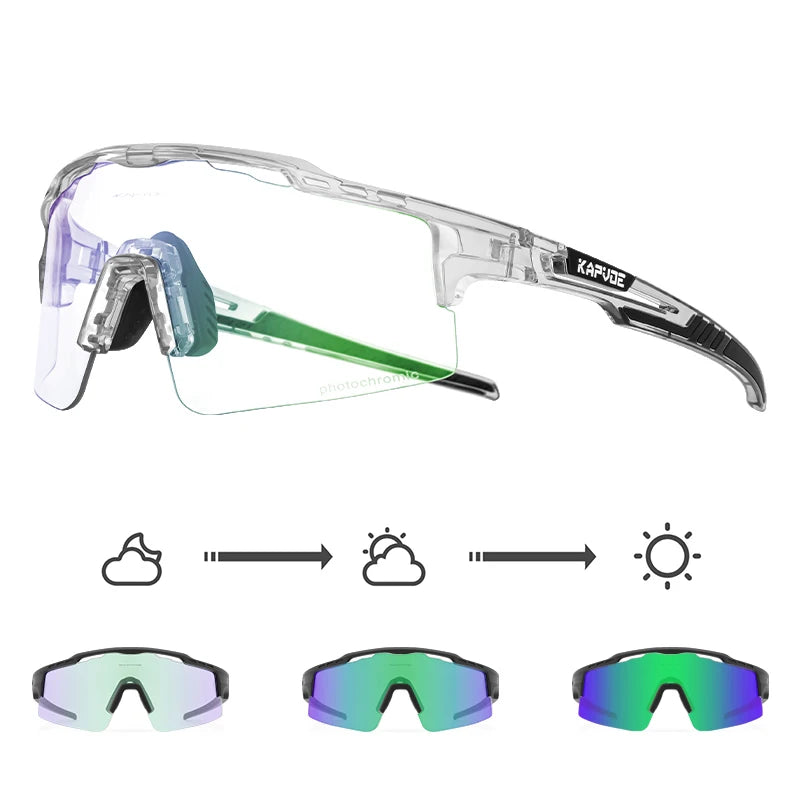 Photochromic sports sunglasses with clear, color-changing lenses and UV protection