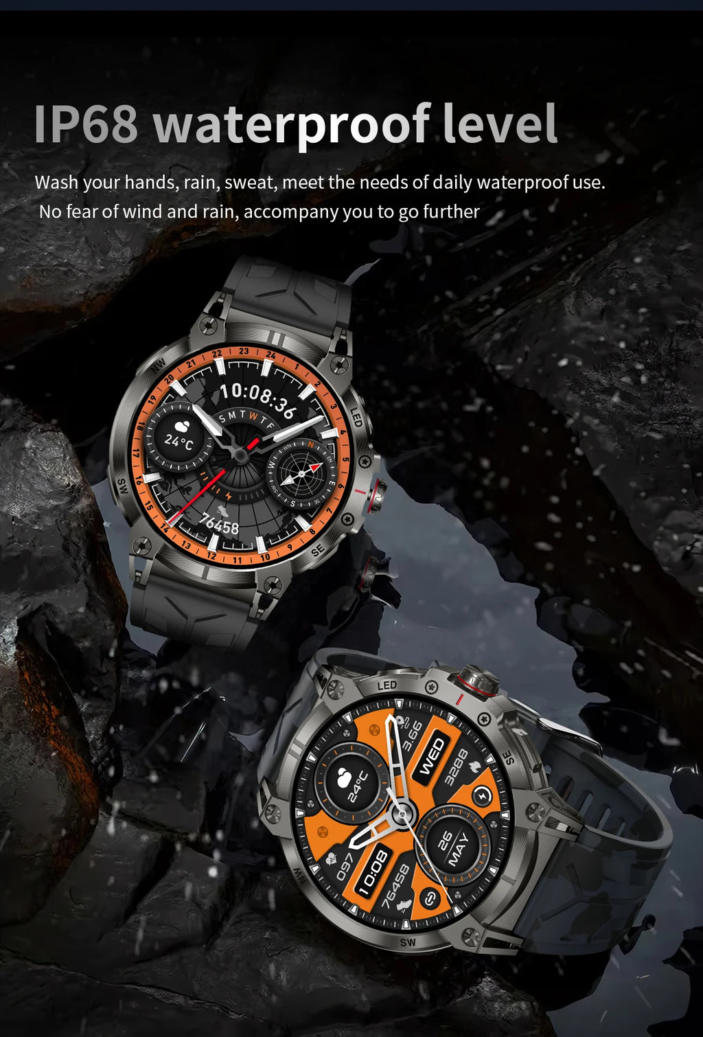 Military smartwatch men,760mAh Bluetooth call,LEDflashlight,compass,1.85HD Large screen,heart rate.blood pressure,IP68waterproof