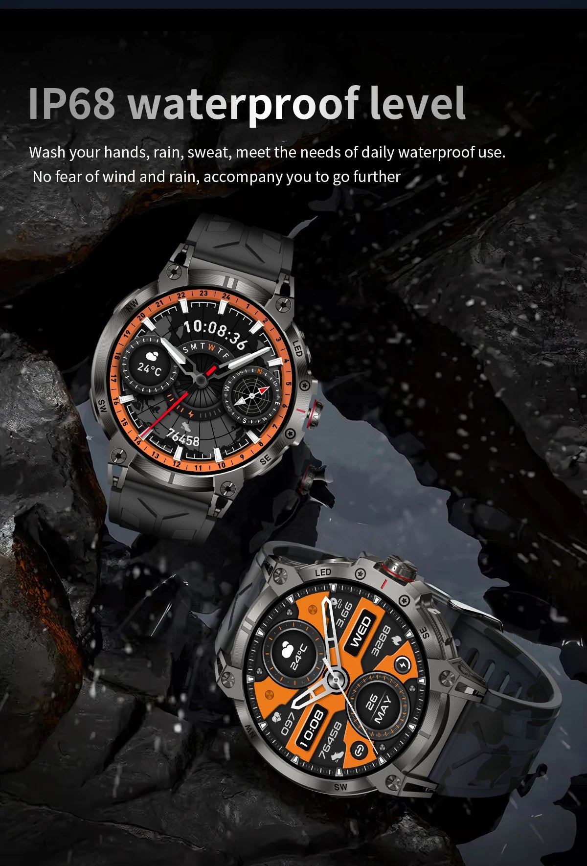 Military smartwatch men,760mAh Bluetooth call,LEDflashlight,compass,1.85HD Large screen,heart rate.blood pressure,IP68waterproof
