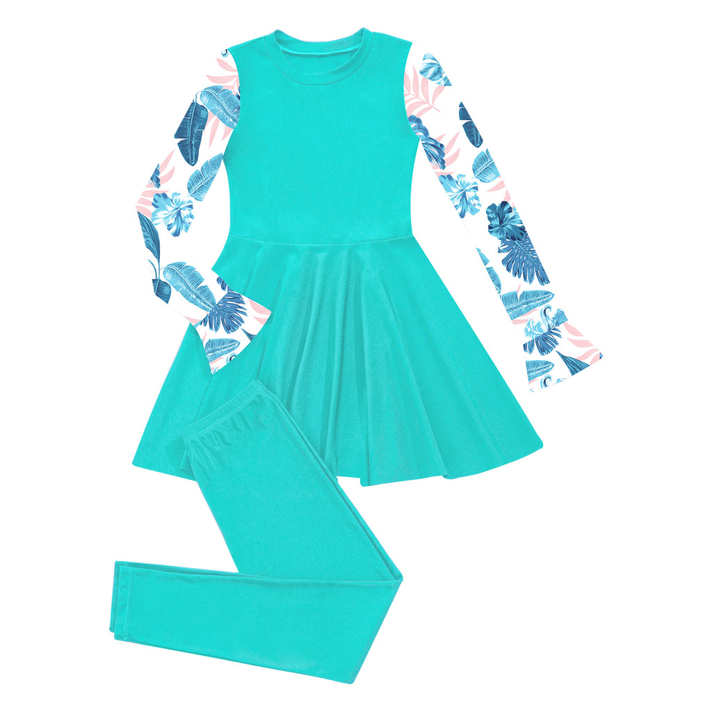 Girls Swimsuits 2 Piece Rash Guard Set UPF 50 Sun Protection Long Sleeve Swim Dress with Leggings Kids Full Body Cover Beachwear