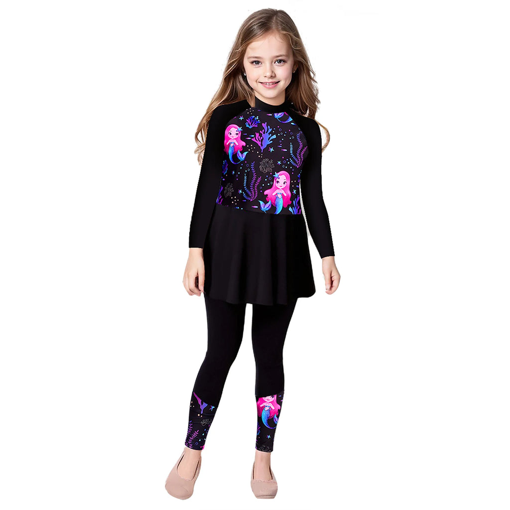 Girls Swimsuits 2 Piece Rash Guard Set UPF 50 Sun Protection Long Sleeve Swim Dress with Leggings Kids Full Body Cover Beachwear