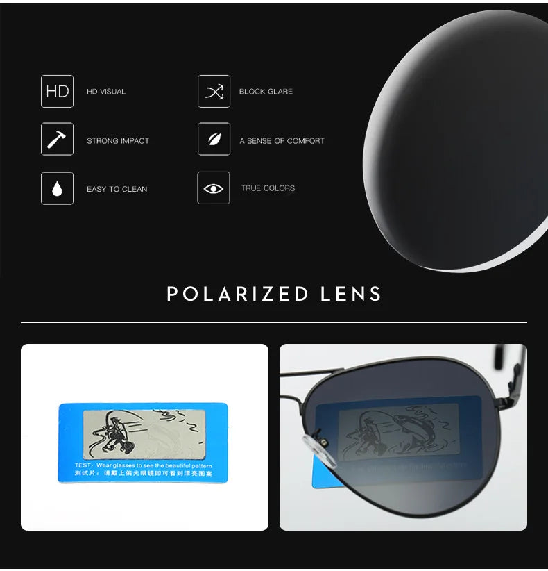 Polarized sunglasses lens demonstrating glare reduction, HD vision, and true color clarity.