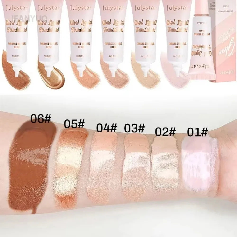 Glow liquid foundation tubes and six swatches in various shades on an arm for color comparison