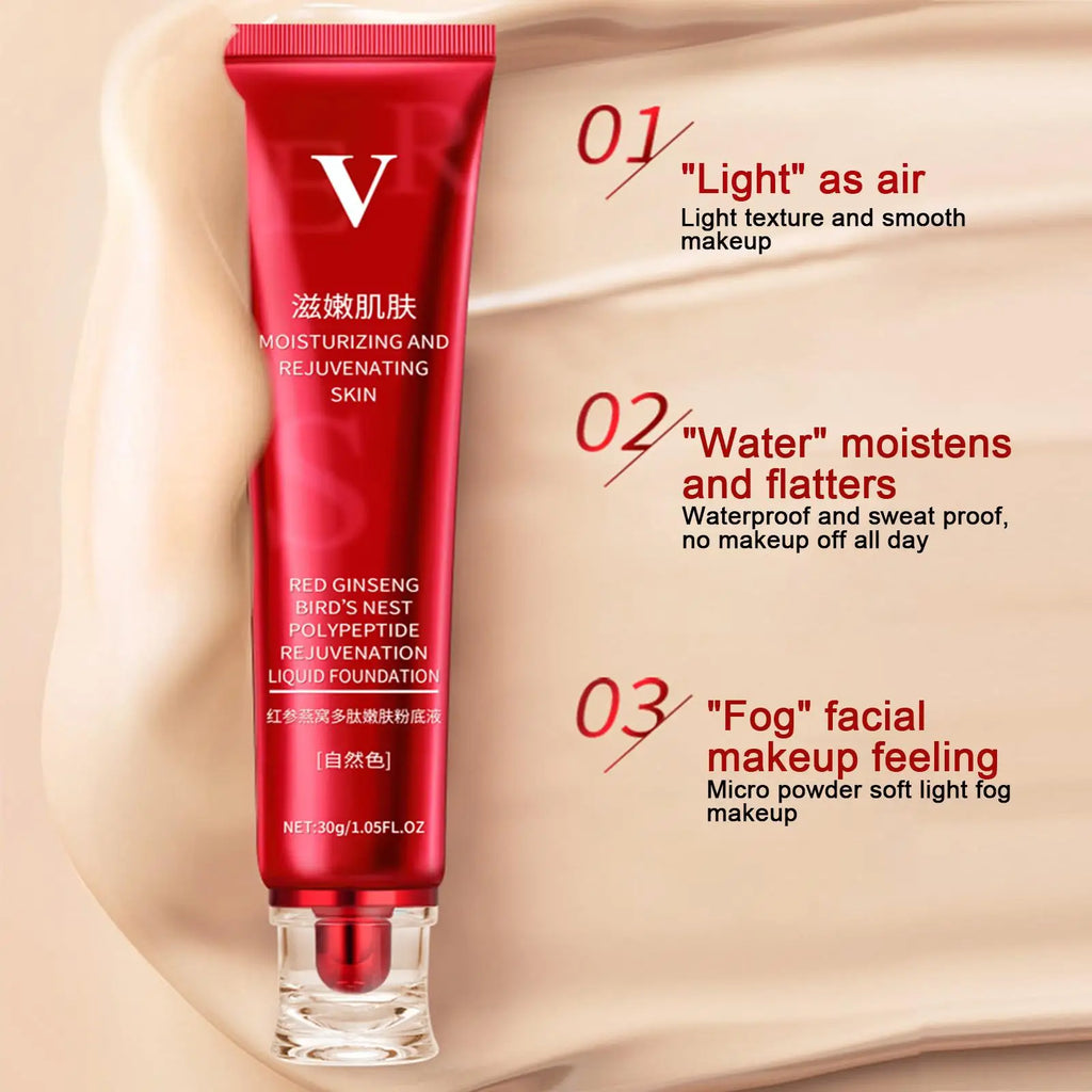 Red tube of moisturizing and rejuvenating liquid foundation with ginseng and bird's nest extract, shown against a beige cream background with product benefits highlighted.