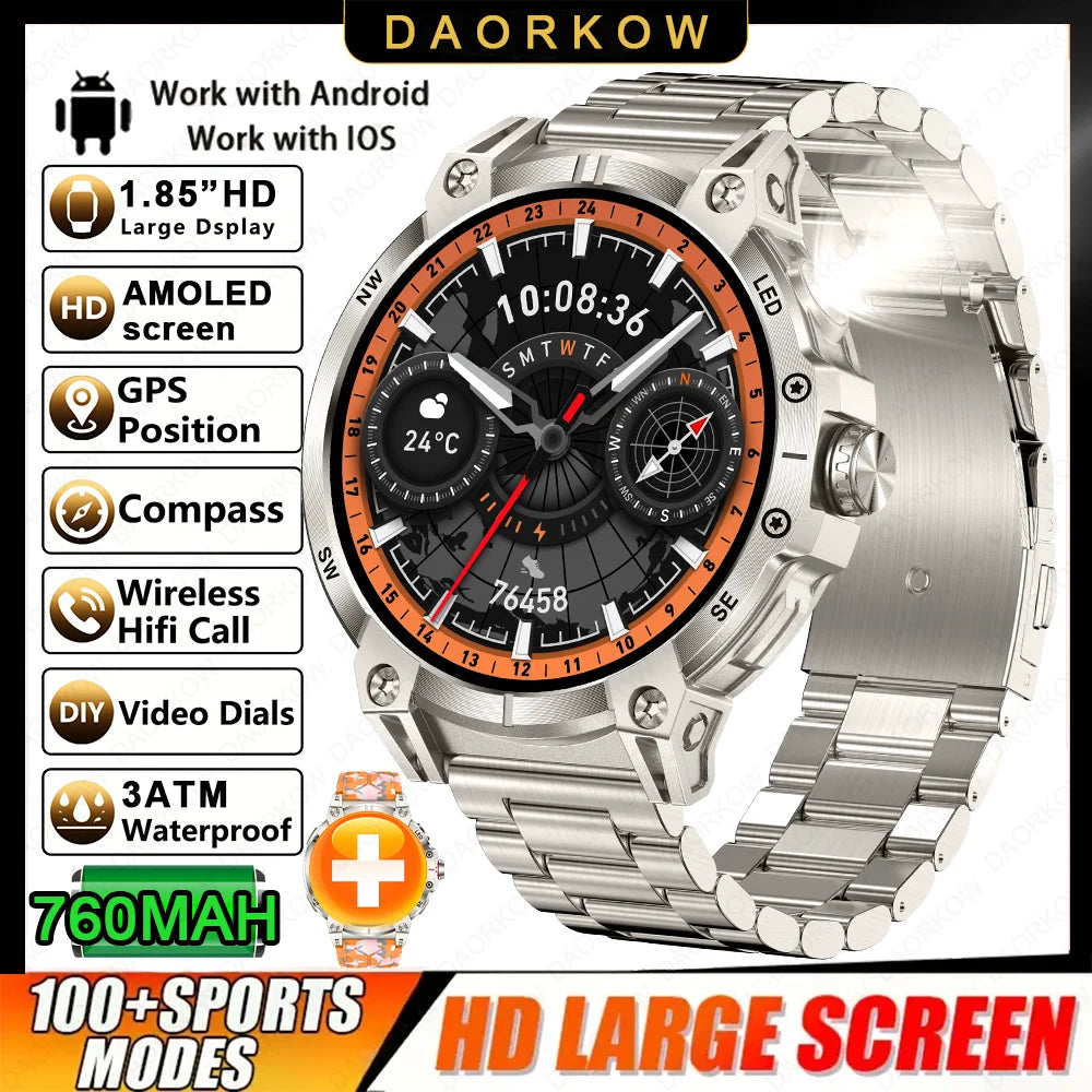 Military smartwatch men,760mAh Bluetooth call,LEDflashlight,compass,1.85HD Large screen,heart rate.blood pressure,IP68waterproof